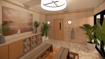 a large bathroom with potted plants and a bench